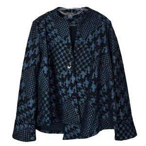 Michael Tyler Patchwork Houndstooth Button Scrunch Knit Jacket Blue Black Size L